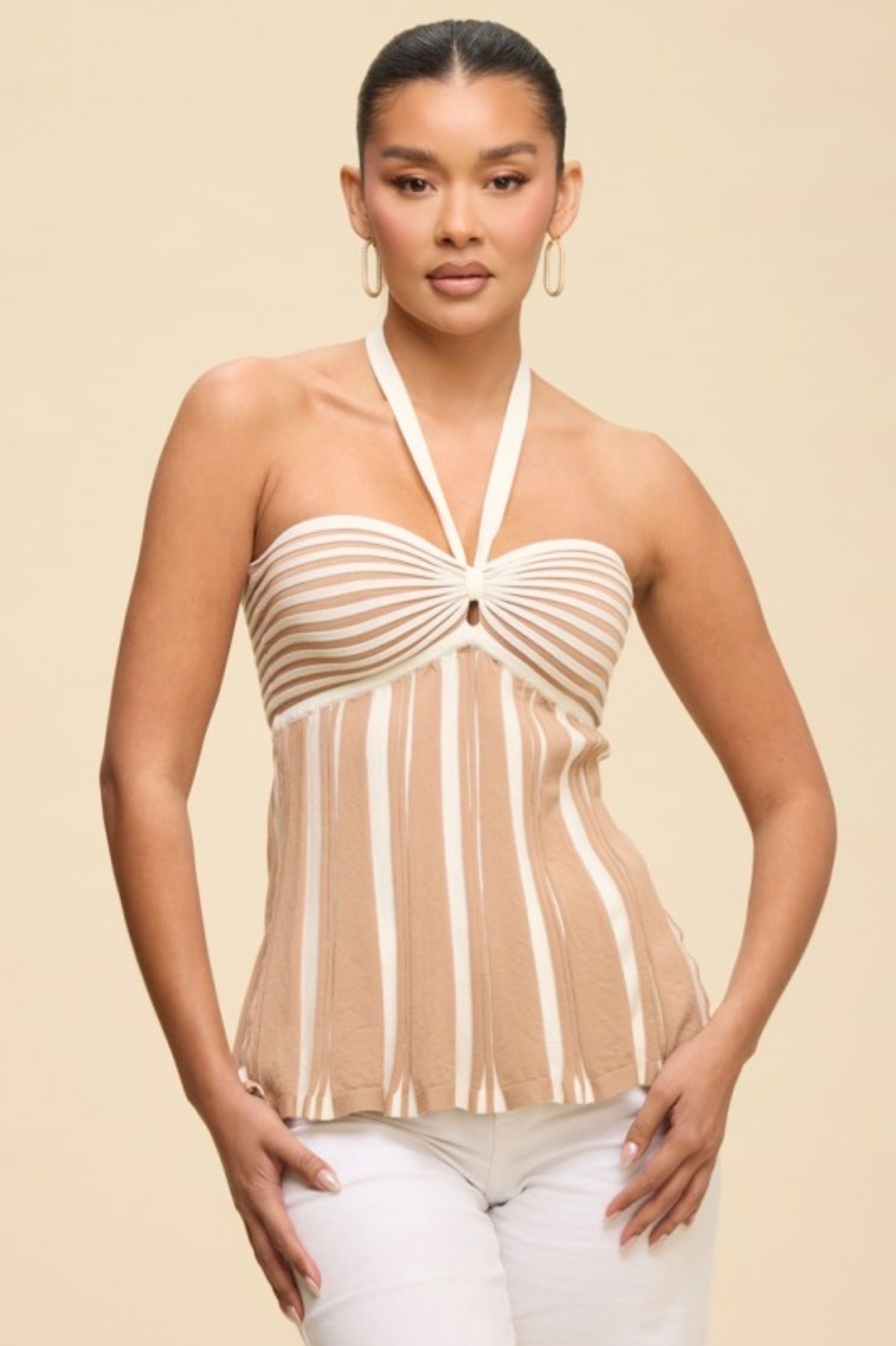 Tan Capri Stripe Pleated Strapless Top