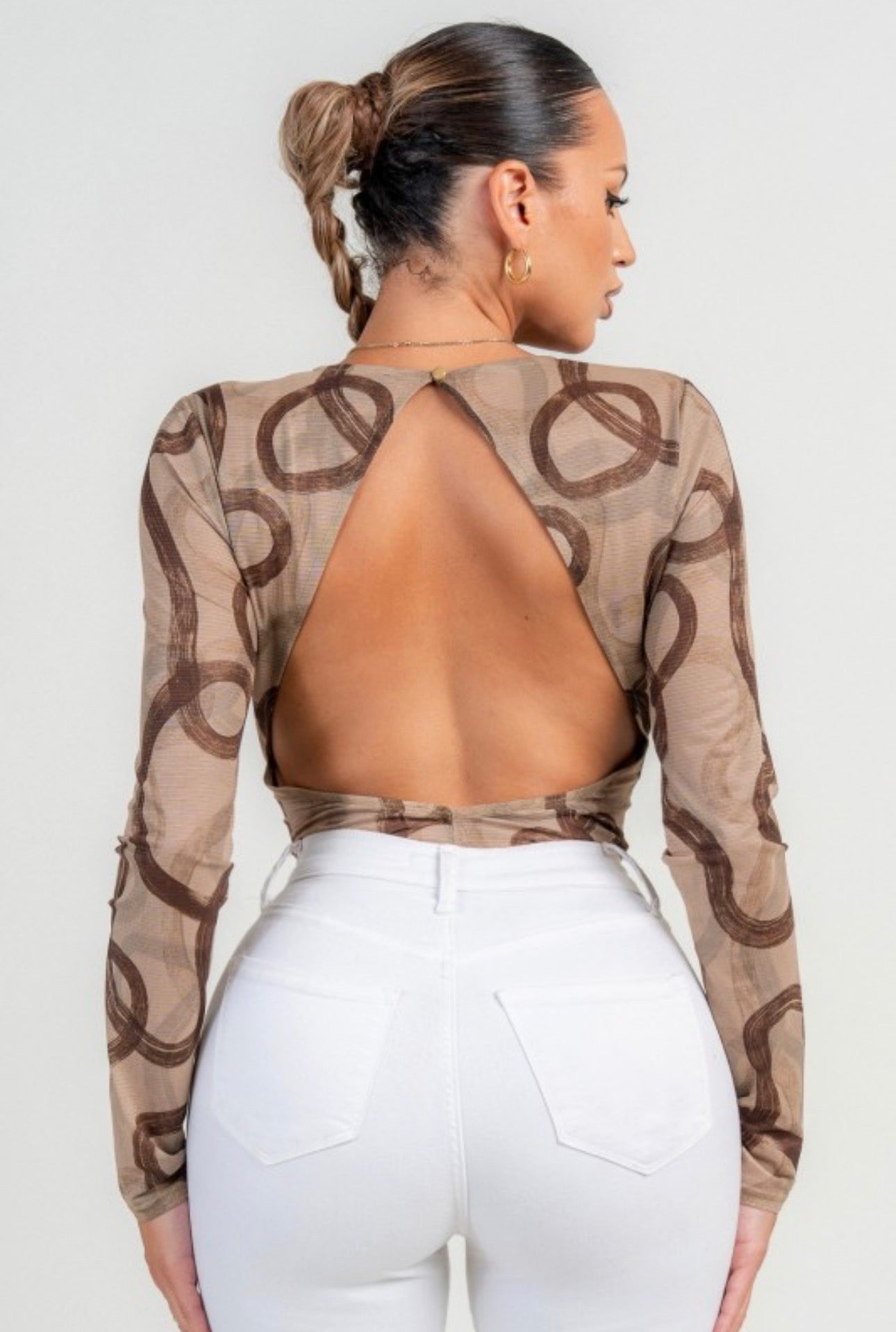 Abstract Swirl Mesh Bodysuit with Open Back