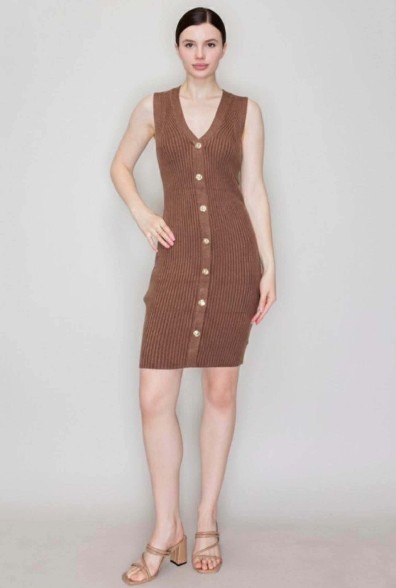 Ribbed Midi Sleeveless V Sweater Dress with Gold Buttons