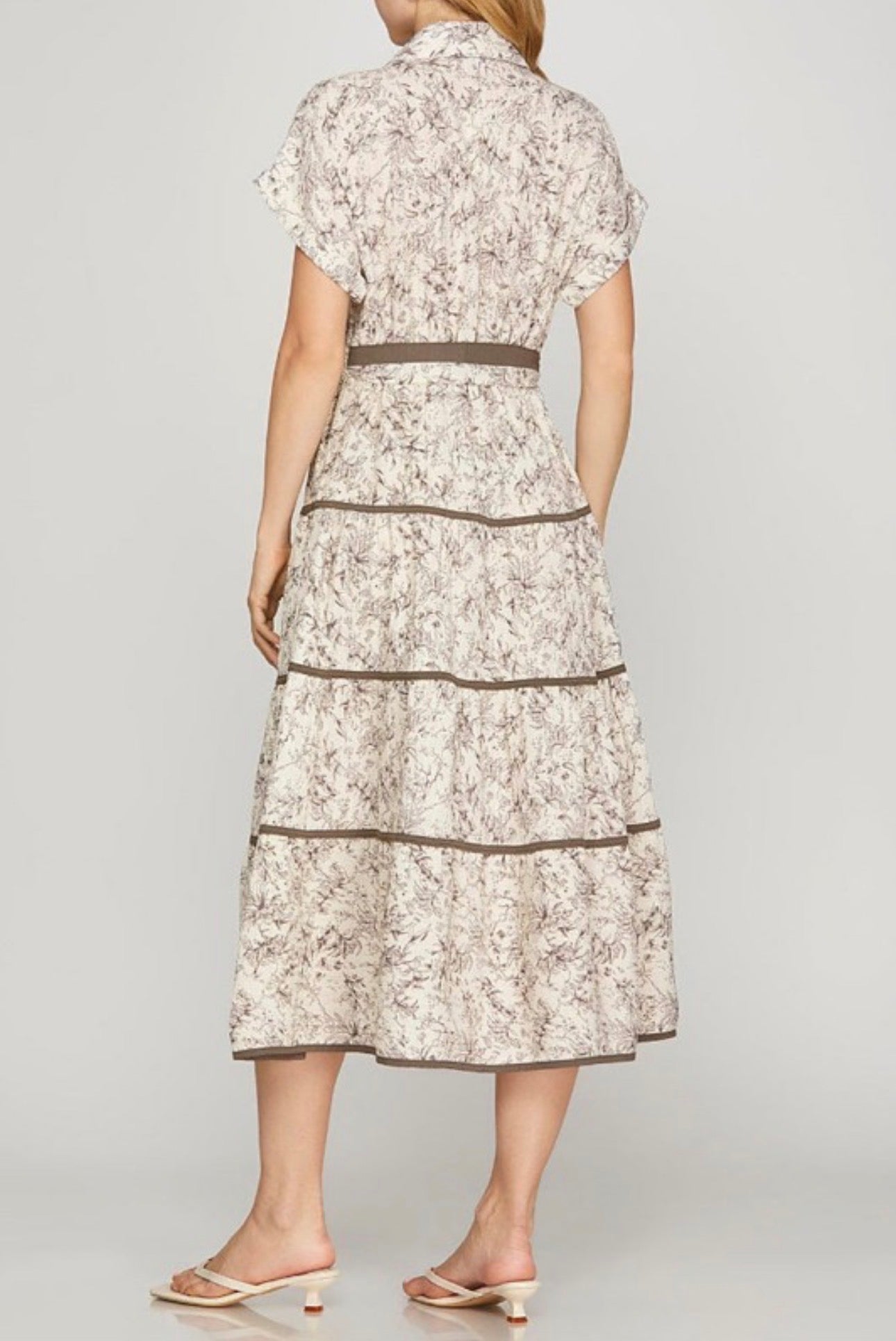 Button Front Floral Linen Maxi Dress with Tie Waist