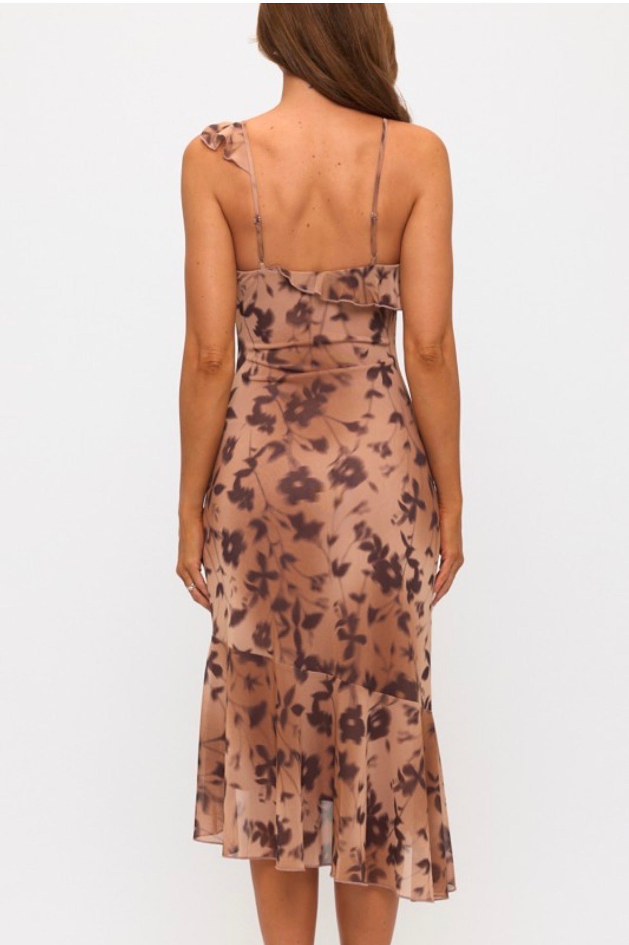Asymmetrical Floral Ruffle Midi Dress