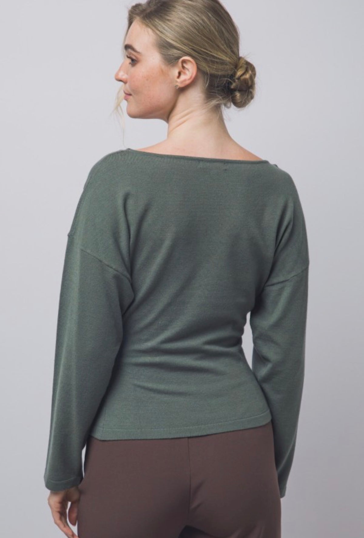 Boat Neck Long Sleeve Ruched with Gold Accent