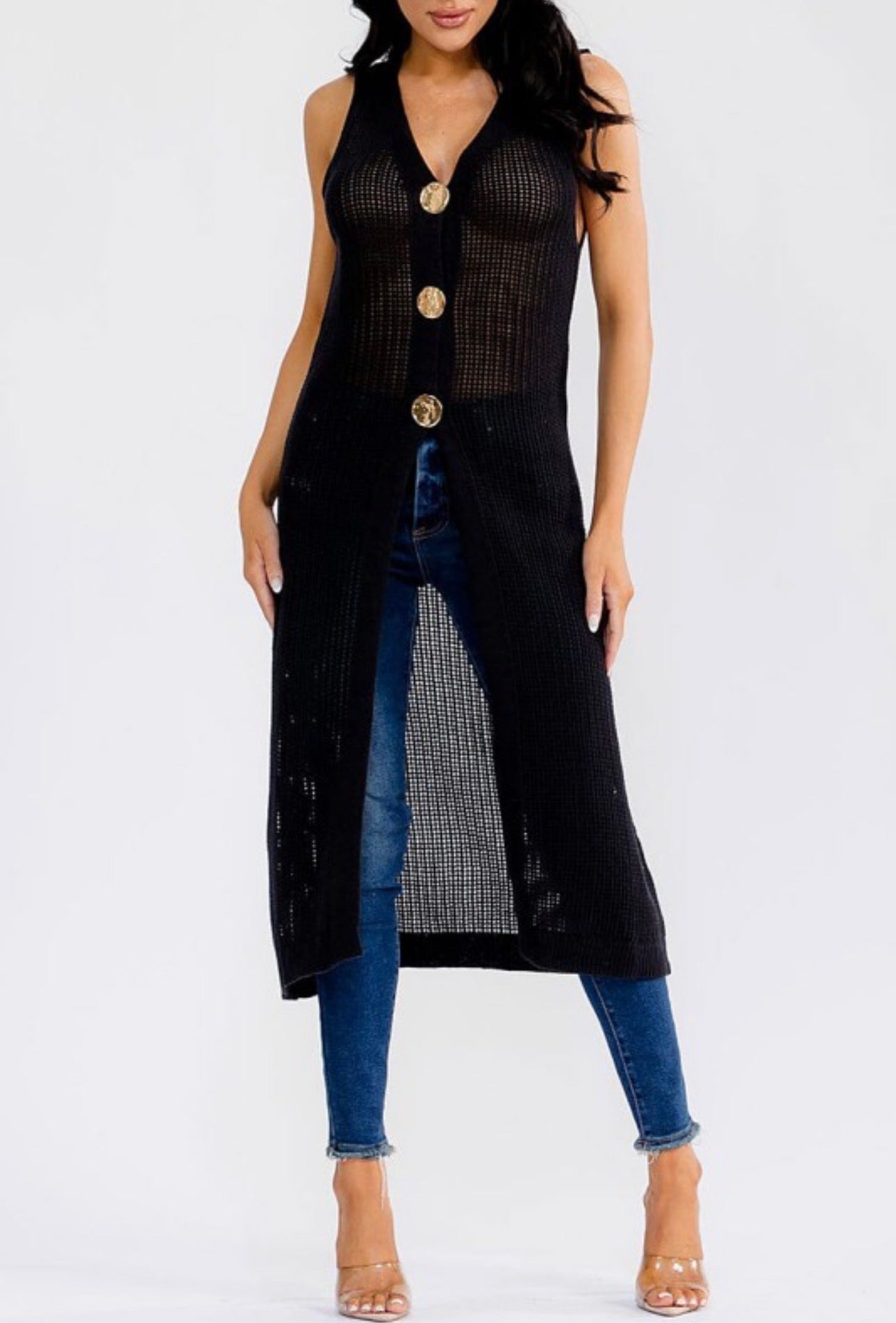 Open Knit Cardigan Vest with Gold Buttons
