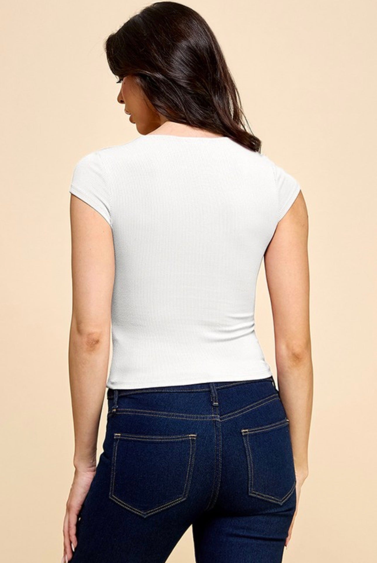 Ribbed V Neck Cap Sleeve Crop