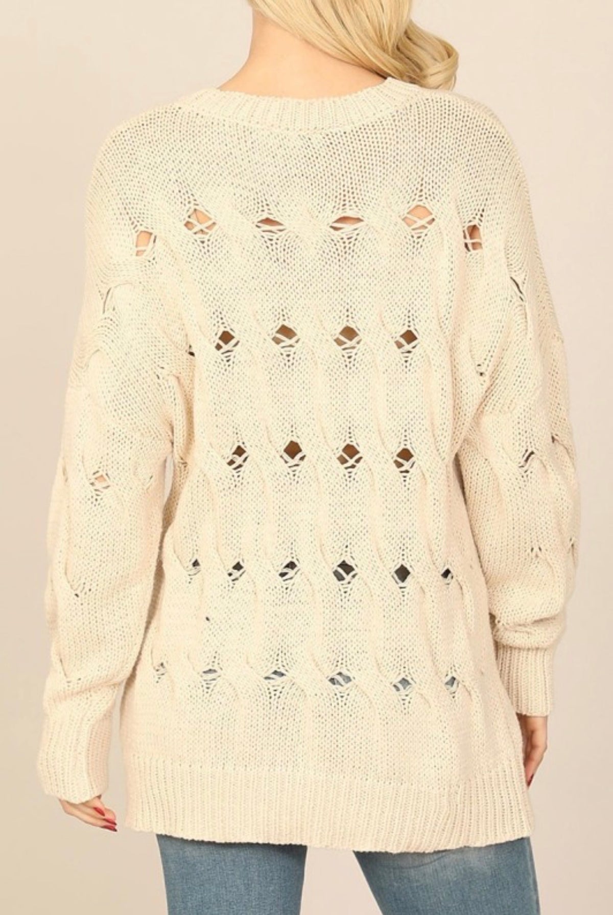 Distressed Ladder Open Cable Knit Sweater
