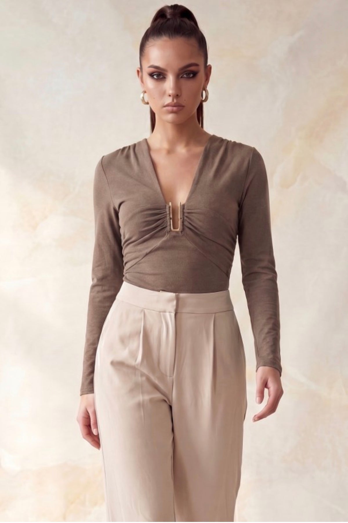 Long Sleeve Ruche Plunge Soft Bodysuit with Gold Accent