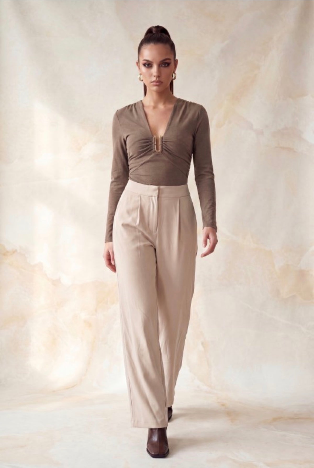Long Sleeve Ruche Plunge Soft Bodysuit with Gold Accent