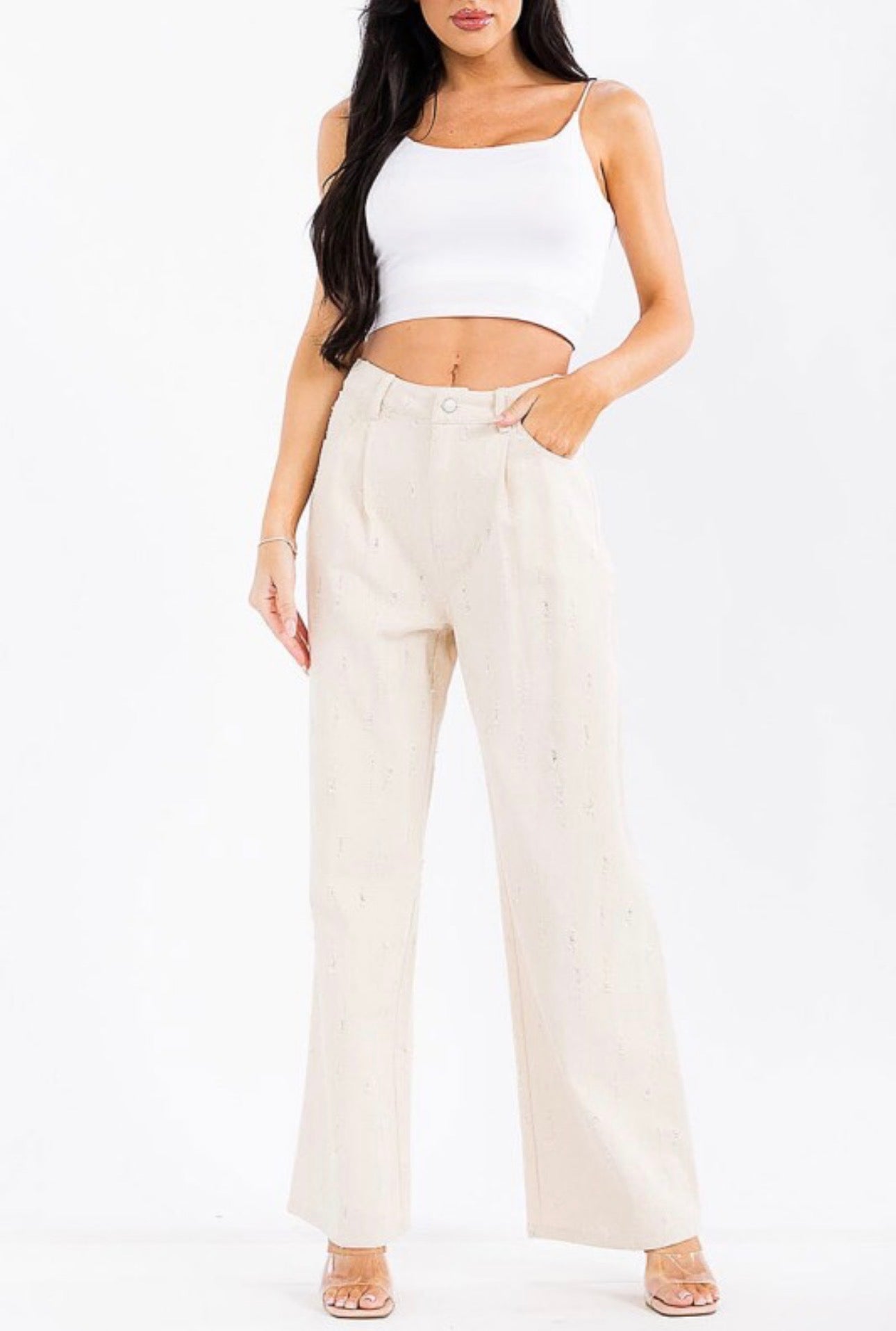 Linen Wide Leg Distressed Dress Pants