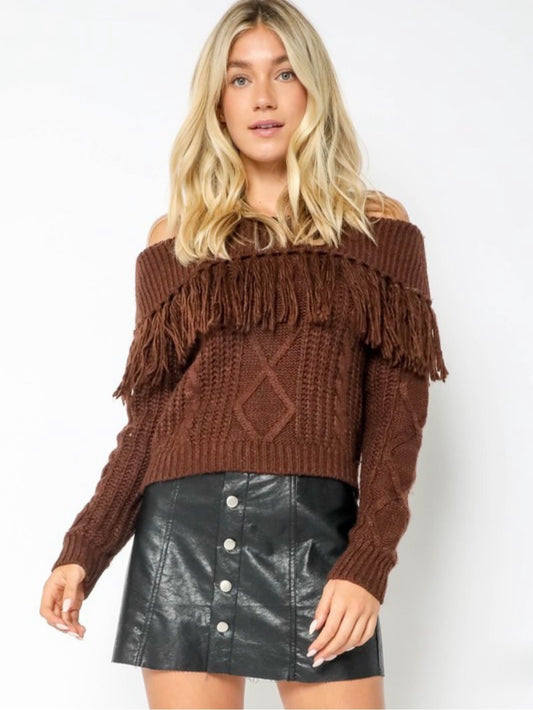 Fringe Off Shoulder Crop Cable Knit Sweater