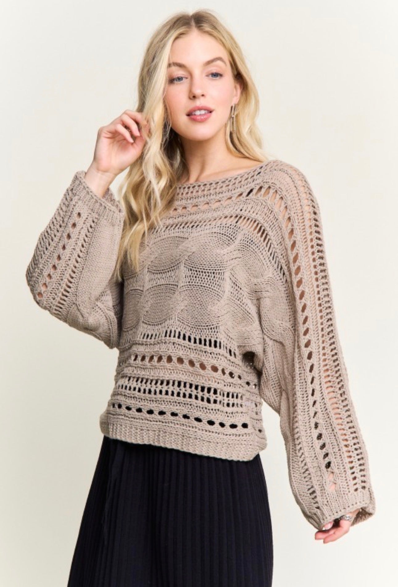 Cable Knit Openwork Long Sleeve Sweater
