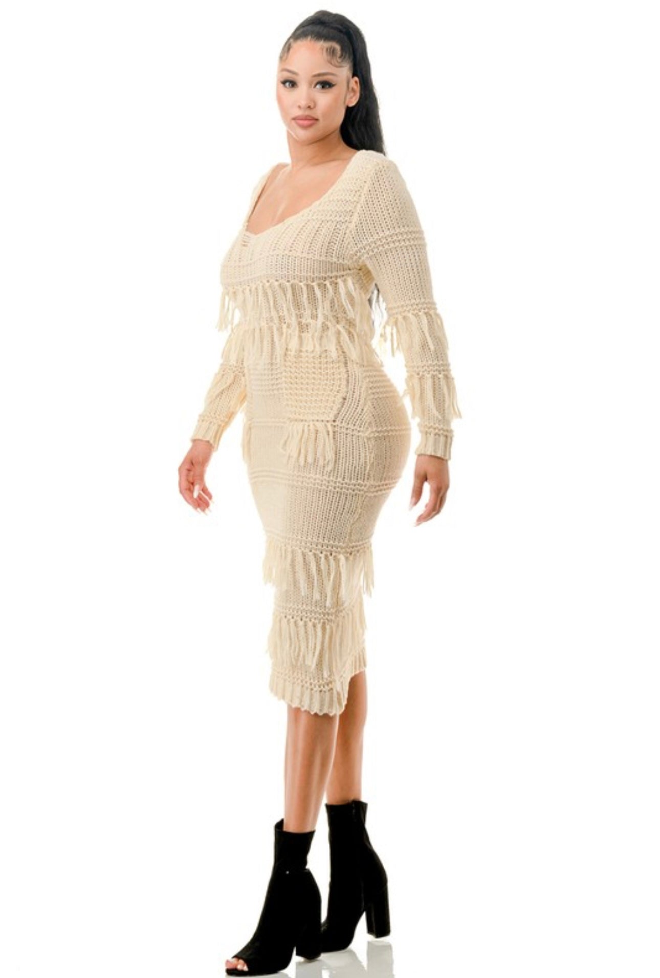 Tassel Crochet Scoop Maxi Sweater Dress