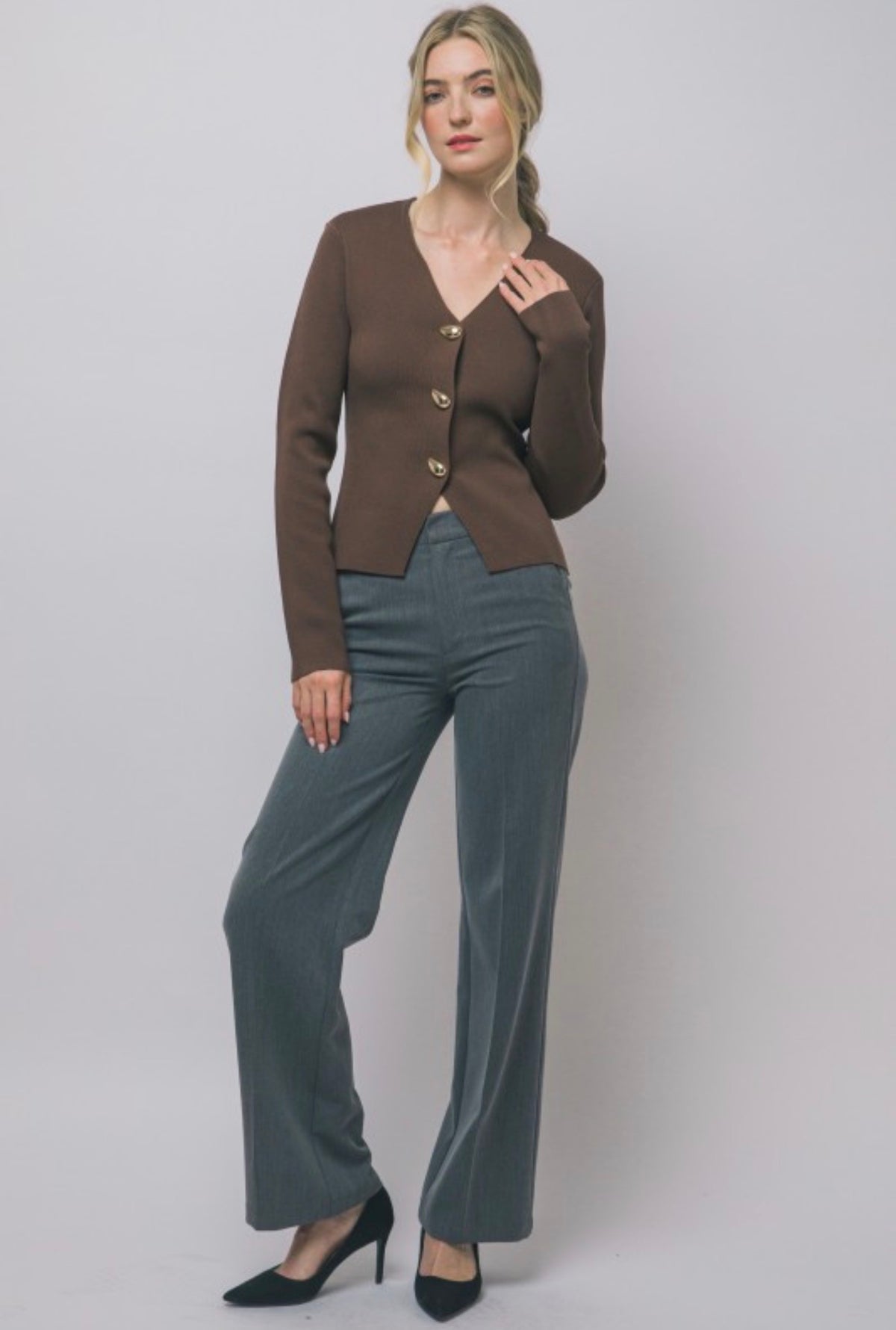 Split Front Ribbed Gold Button Front Cardigan