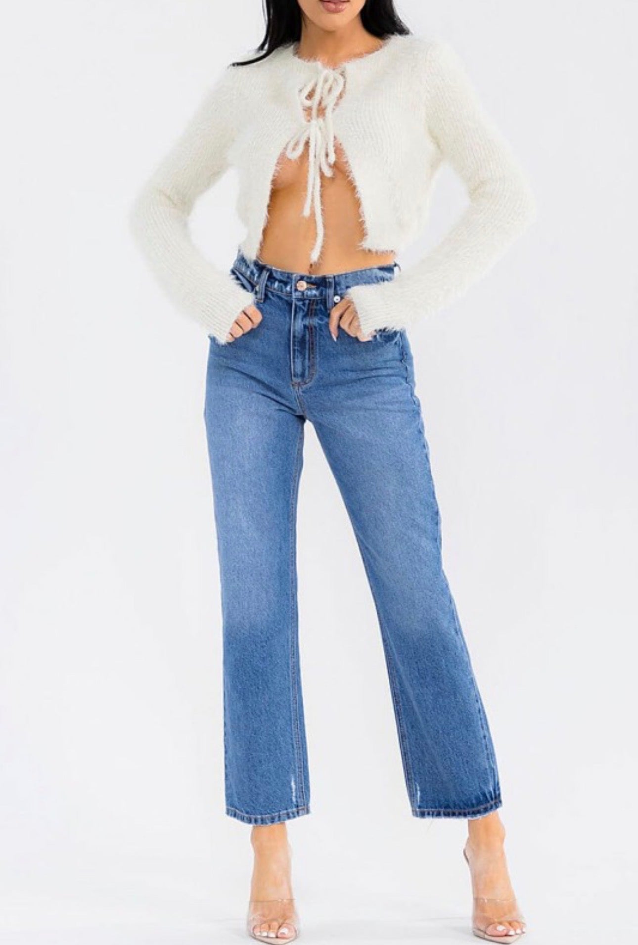 Fuzzy Double Front Tie Crop Cardigan
