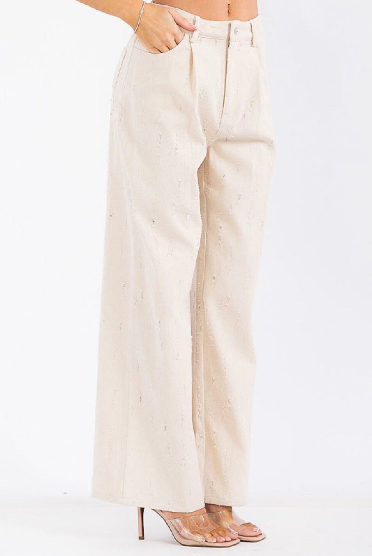 Linen Wide Leg Distressed Dress Pants