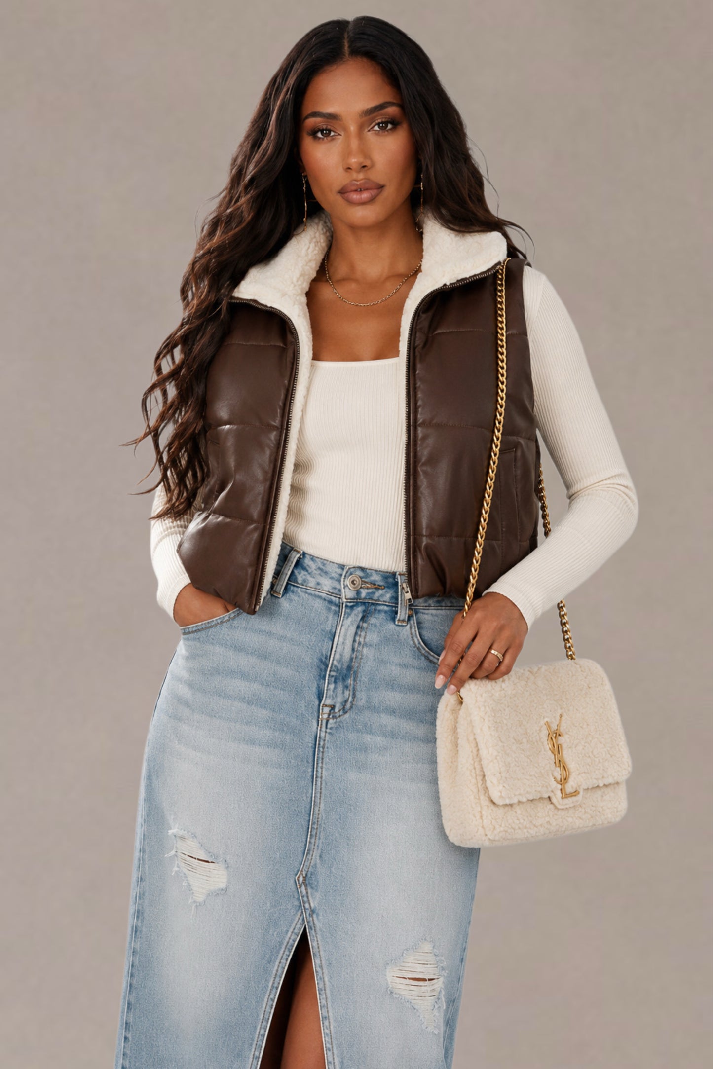 Leather Puffer Vest with Sherpa