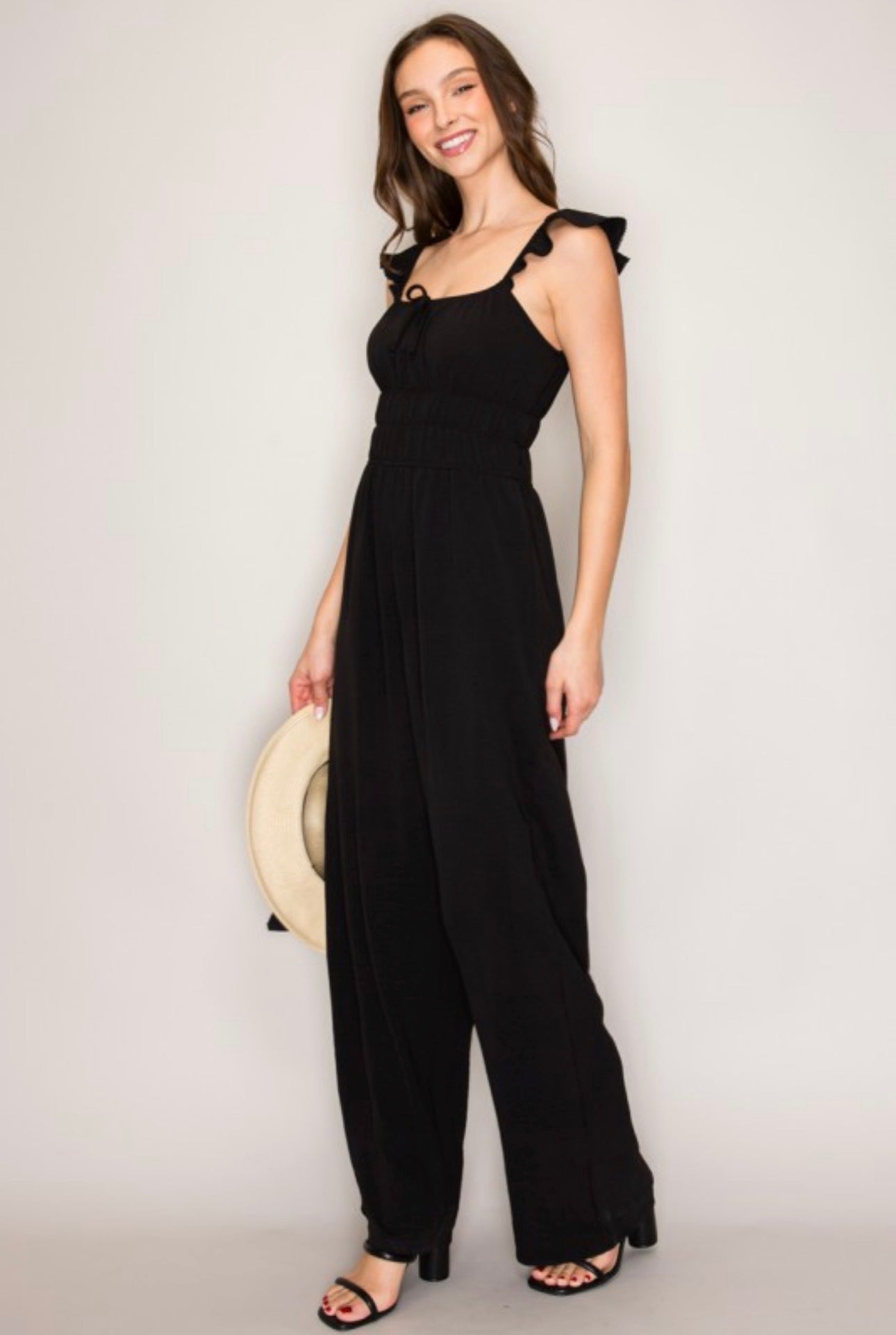 Black Peasant Smock Jumpsuit