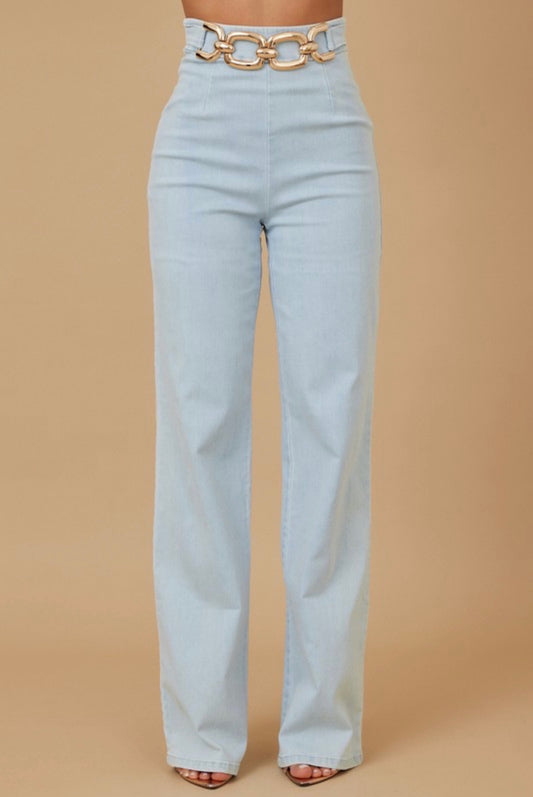 Denim Wide Leg Trousers with Gold Chain Belt