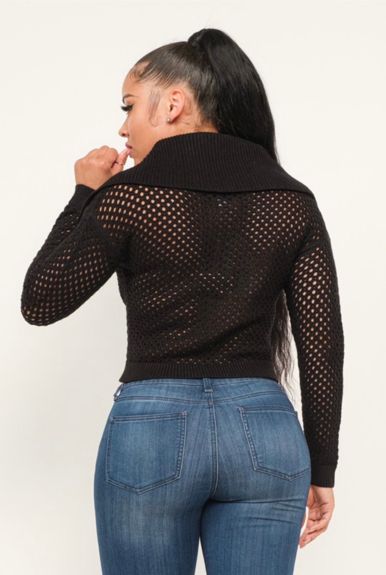 Quarter Zip Open Knit Crop Sweater