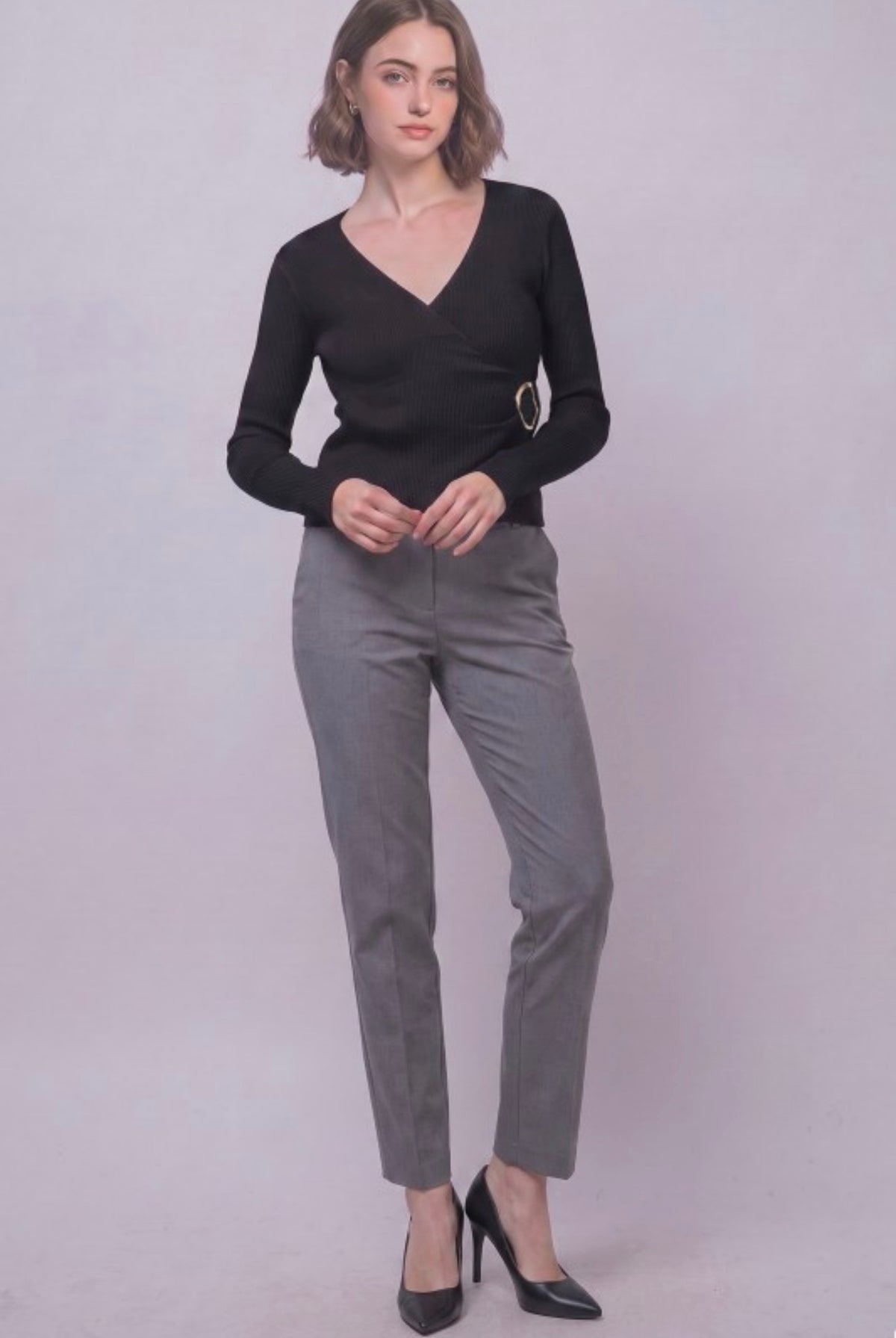 Rib Wrap V Neck Long Sleeve with Gold Accent