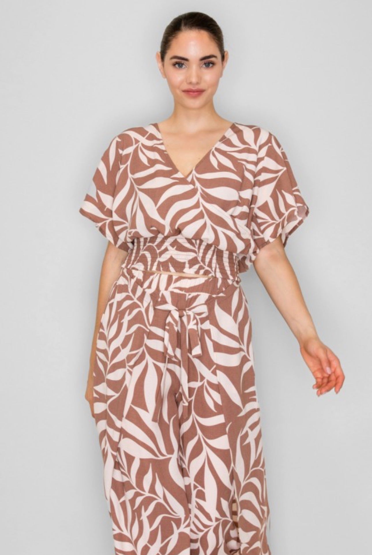 Neutral Tropical Print Cinch Crossover Top