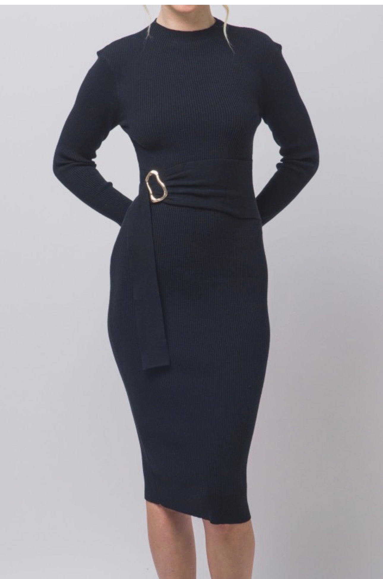 Mock Neck Long Sleeve Sweater Midi Dress with Tie Waist