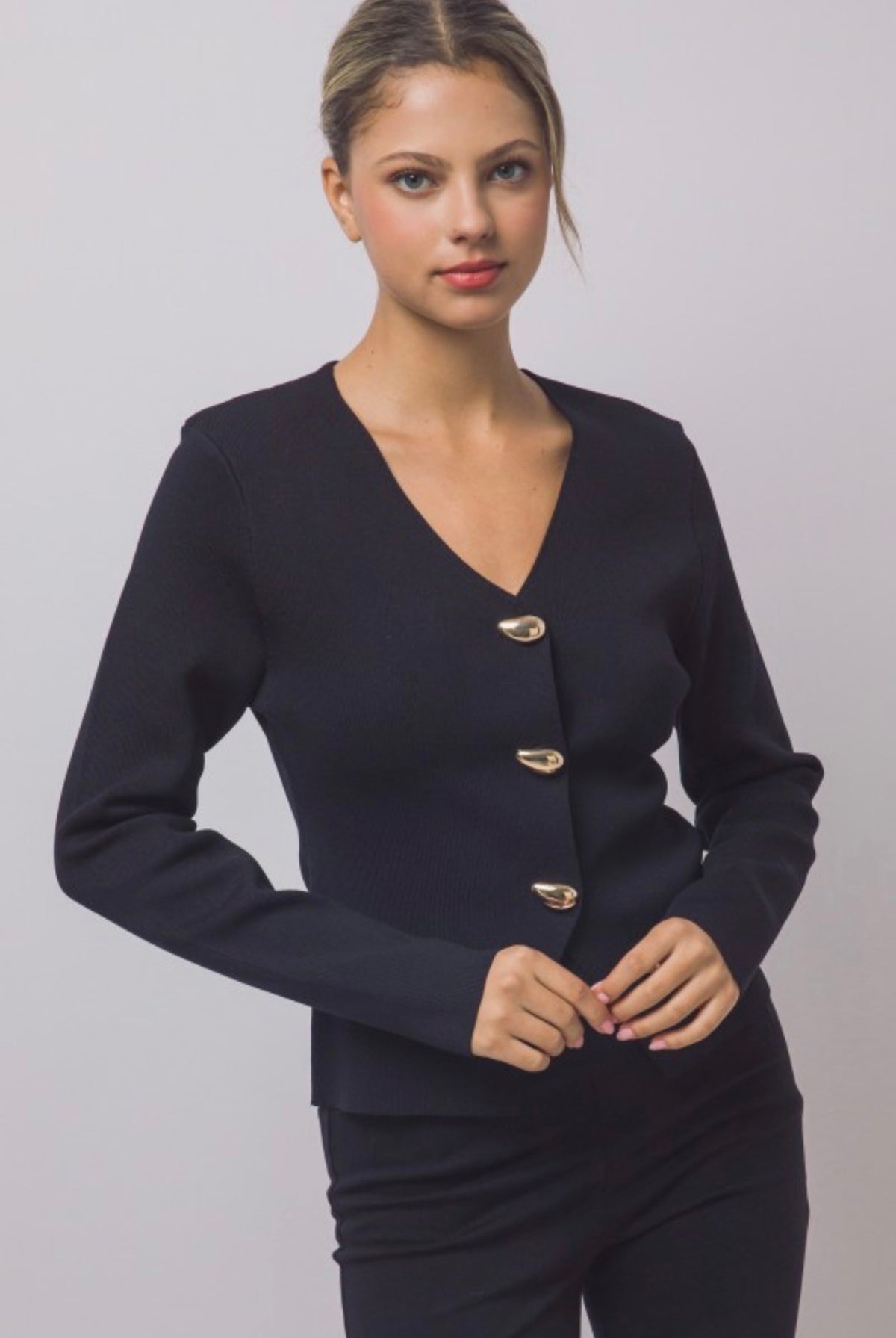 Split Front Ribbed Gold Button Front Cardigan
