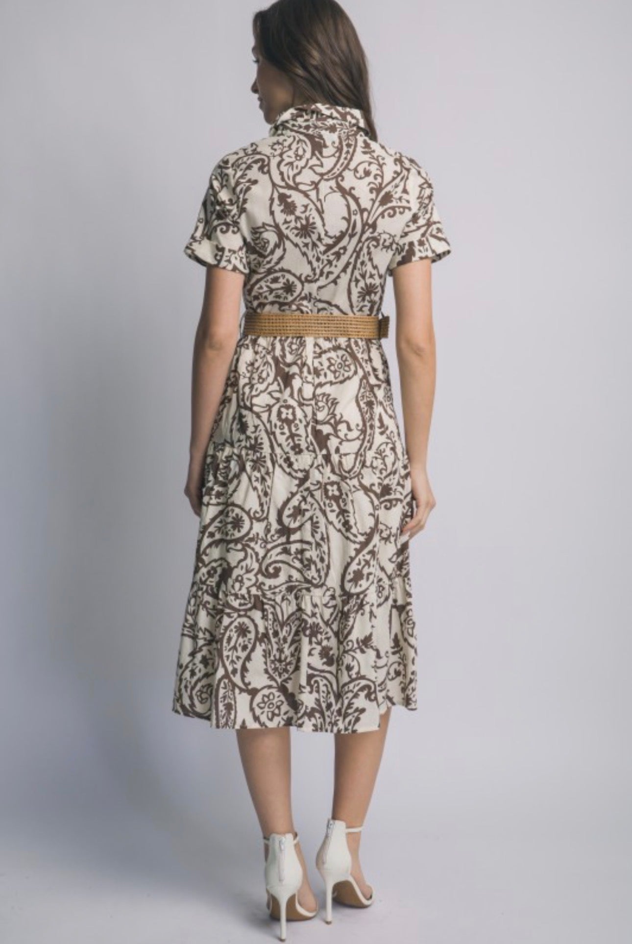 Brown Paisley Short Sleeve Dress with Woven Belt