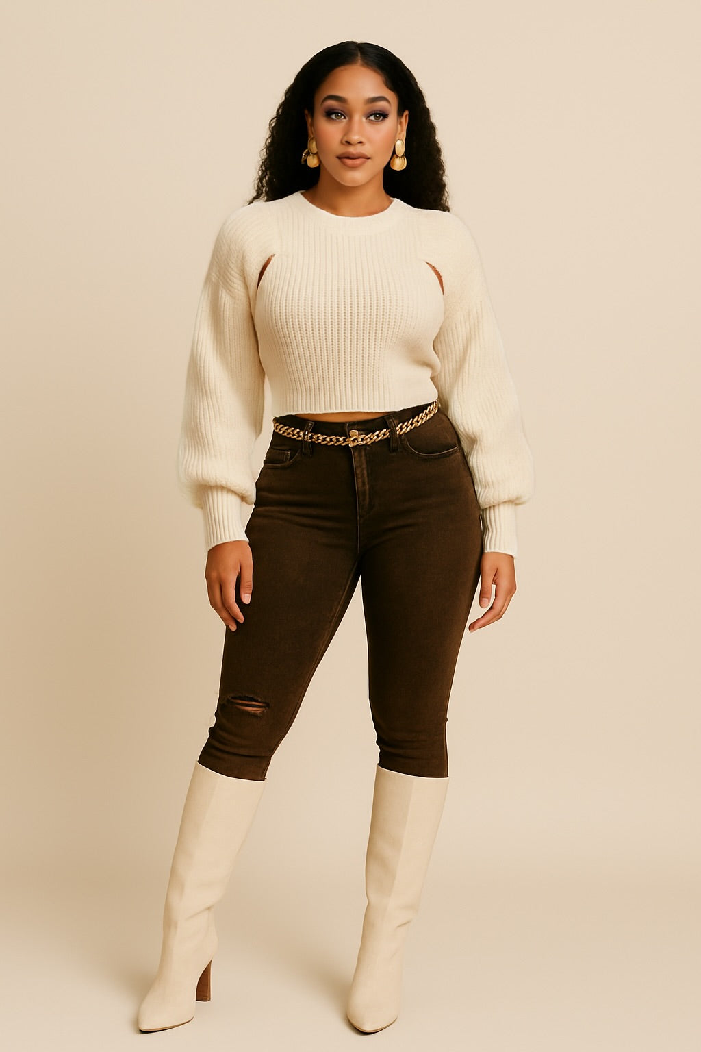 Bubble Sleeve Cutout Sweater