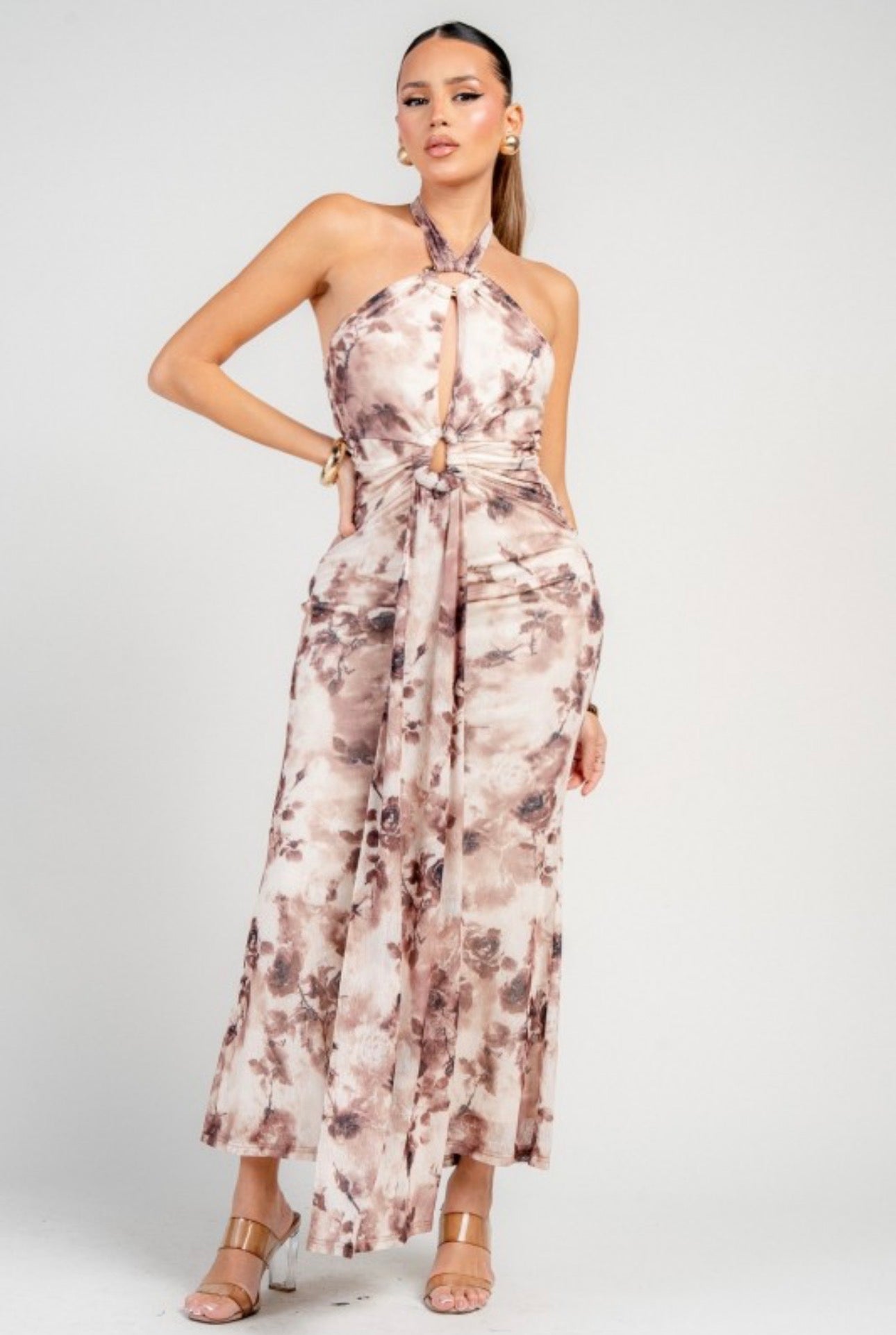 Brown Floral Halter Drape Maxi Dress