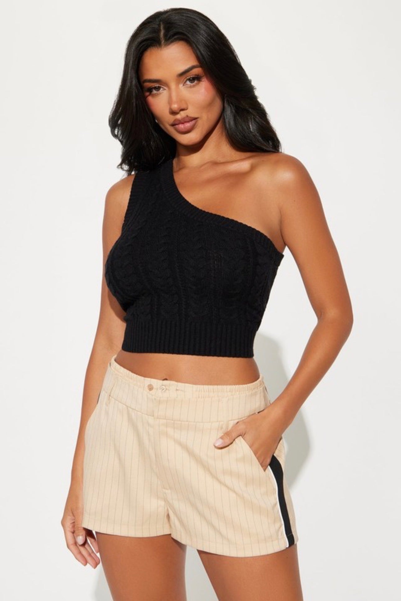 One Shoulder Cable Knit Sweater Top