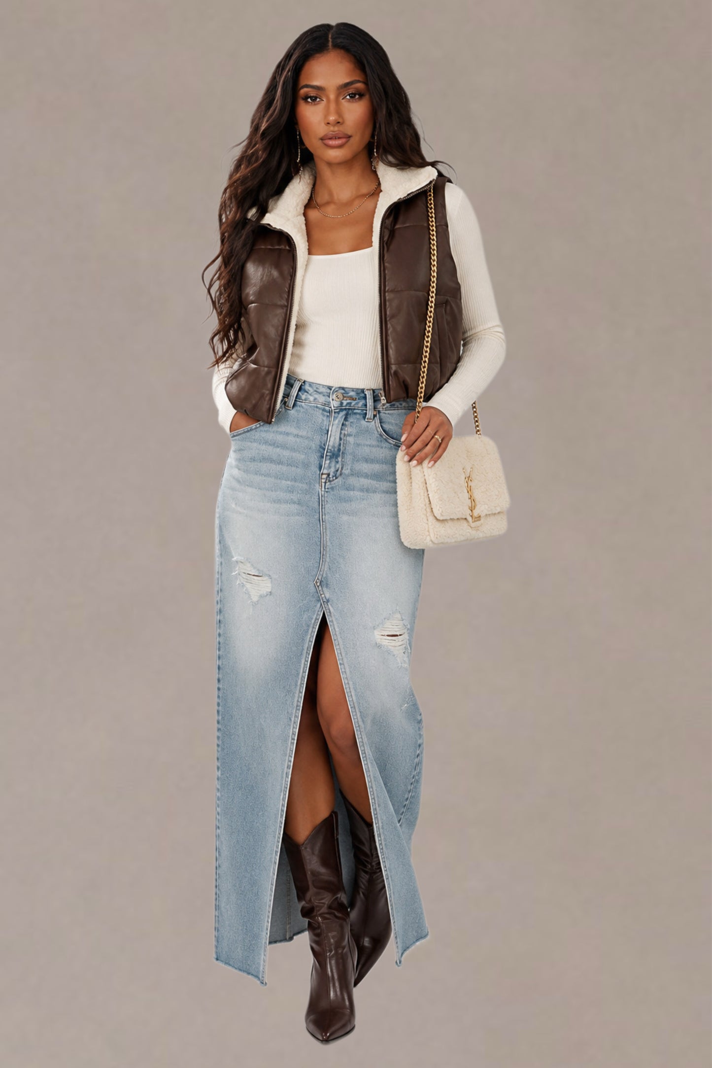 Leather Puffer Vest with Sherpa
