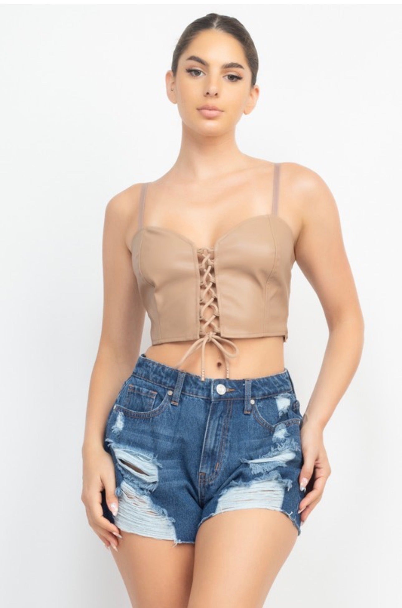 Leather Crop Front Lace Corset Top