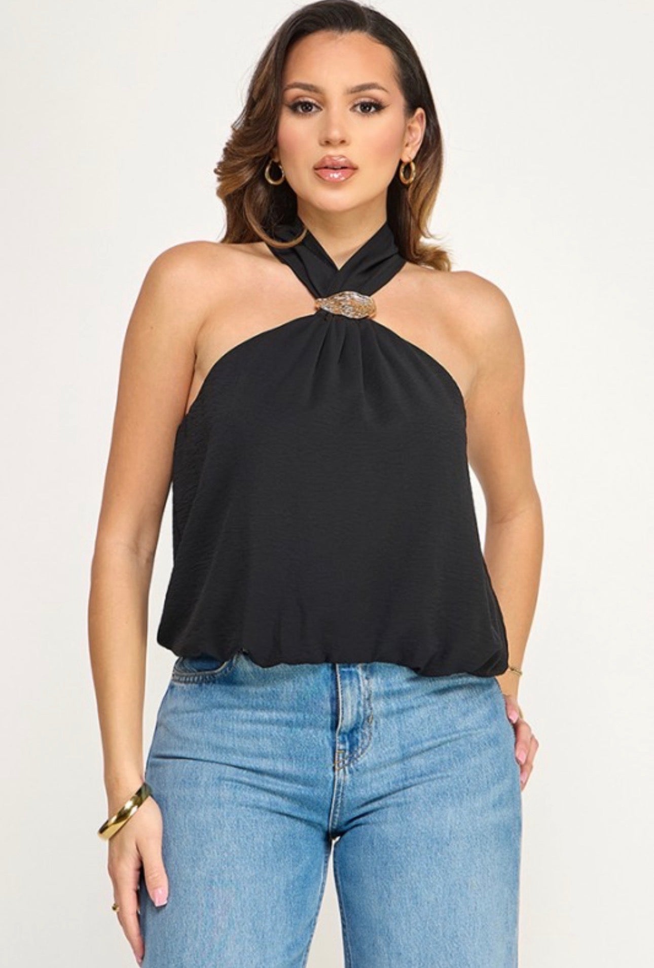 Twisted Halter Scrunch Hem with Gold Accent