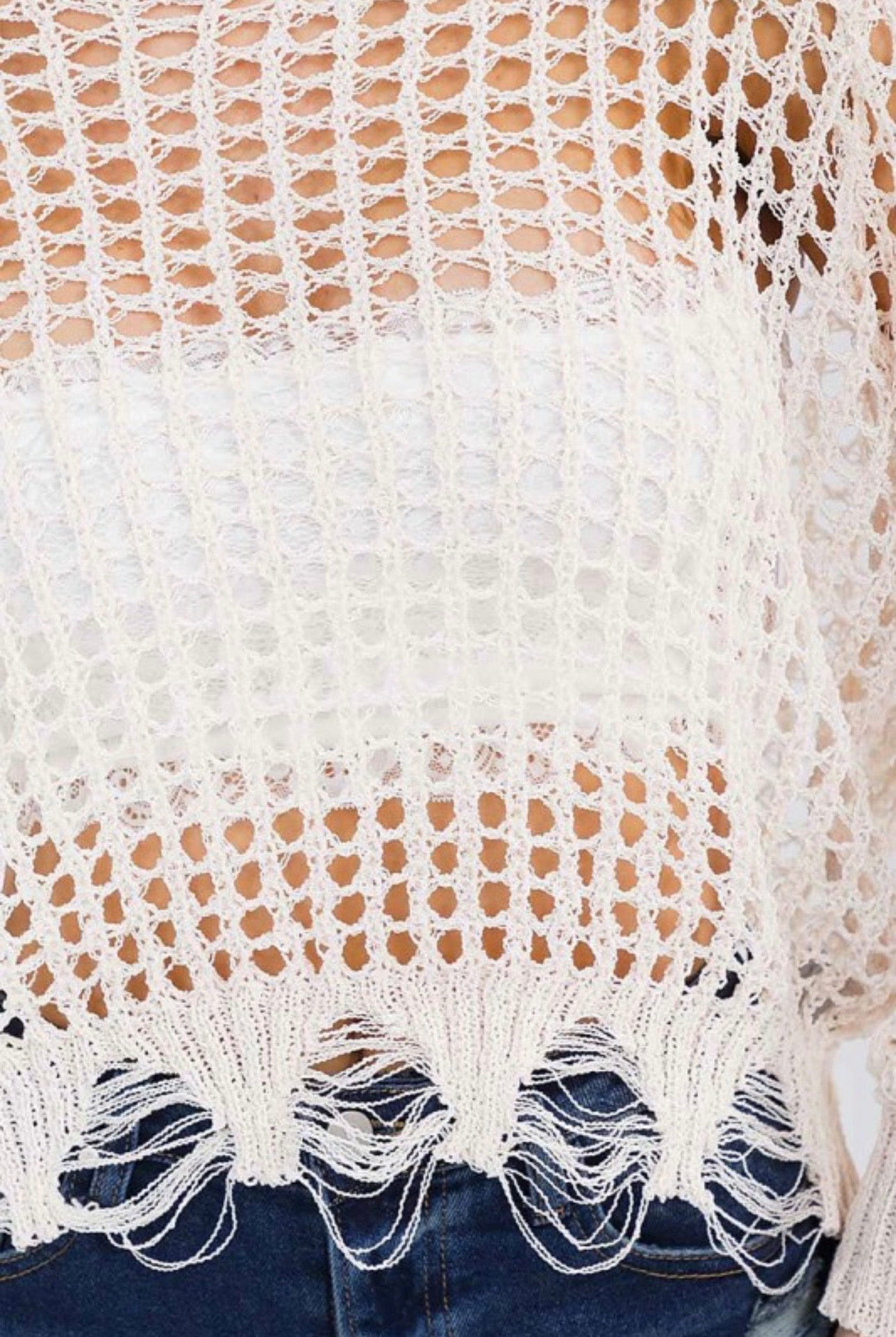 Open Knit Distressed Hem Long Sleeve Top
