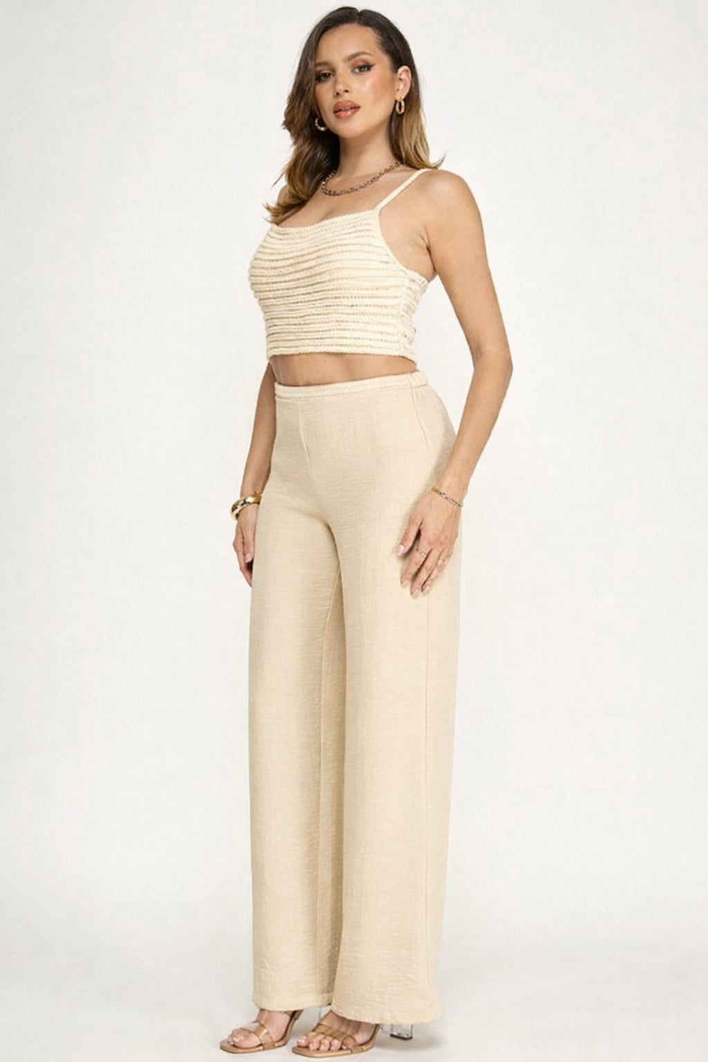 Crop Top and Pants Braided Rope Linen Set