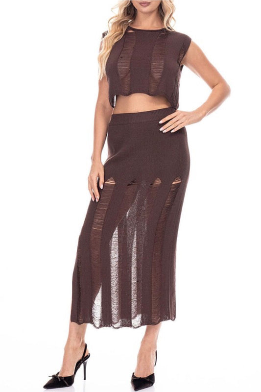 Distressed Sweater Set Maxi Skirt and Crop Top