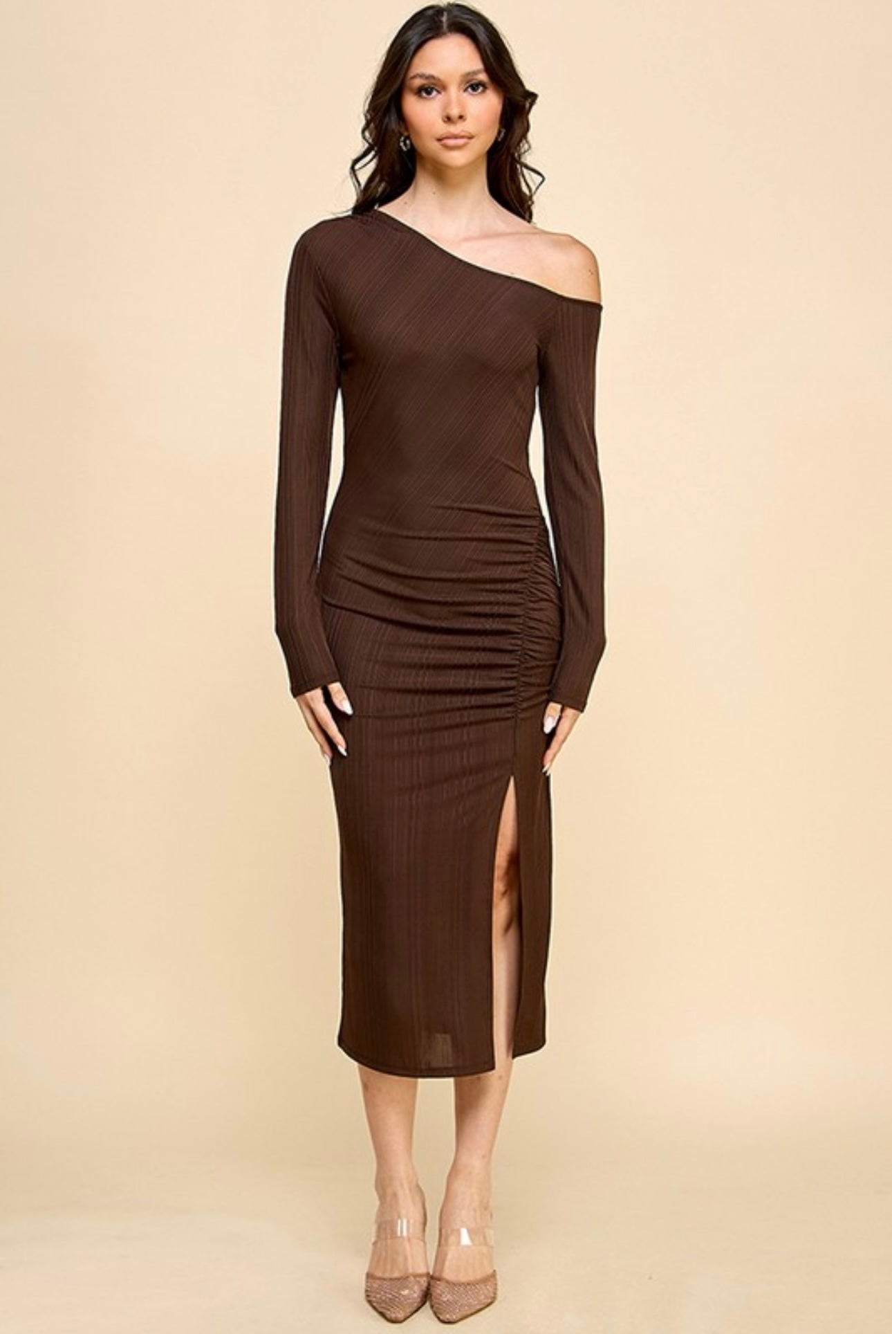 Off-Shoulder Scrunch Slit Dress with Long Sleeves