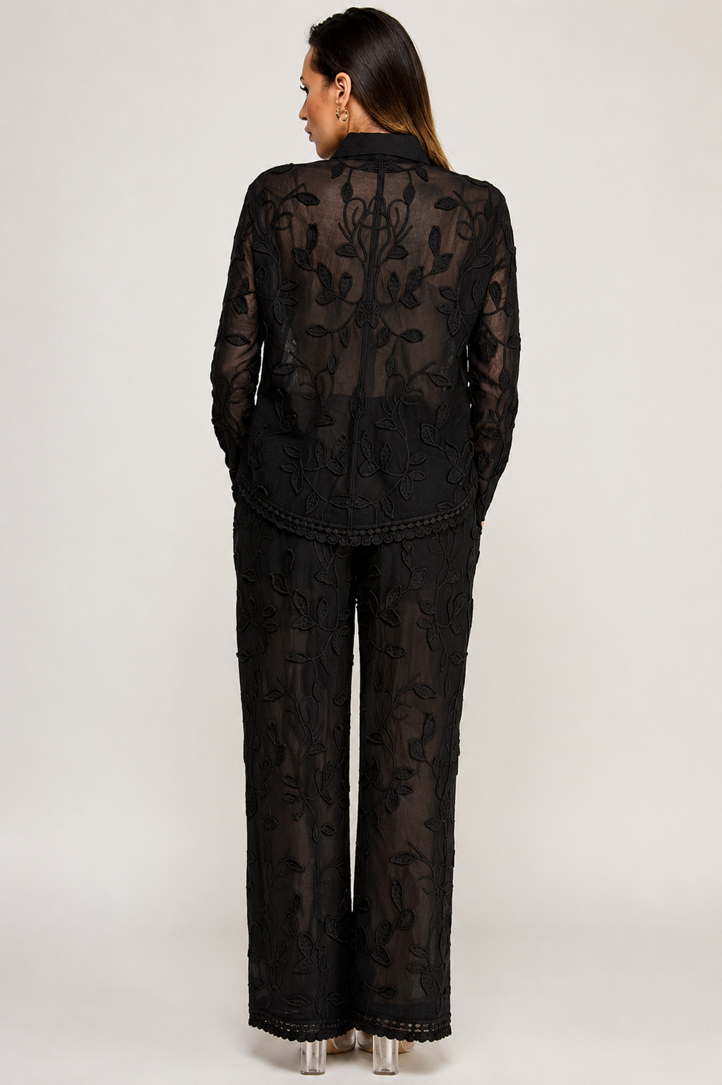 Boho Vine Embroidered Button Up and Pants Set