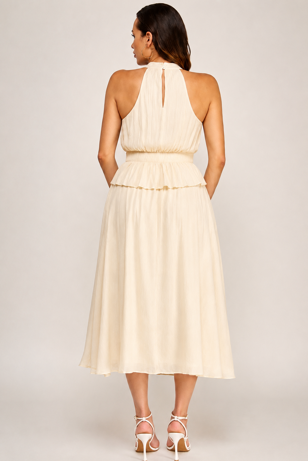 Linen Halter and Midi Skirt Set with Gold Accent