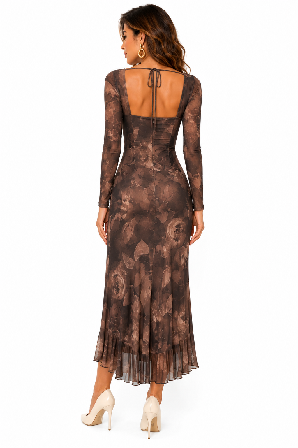 Dark Floral Mesh Long Sleeve Sweetheart Maxi Dress