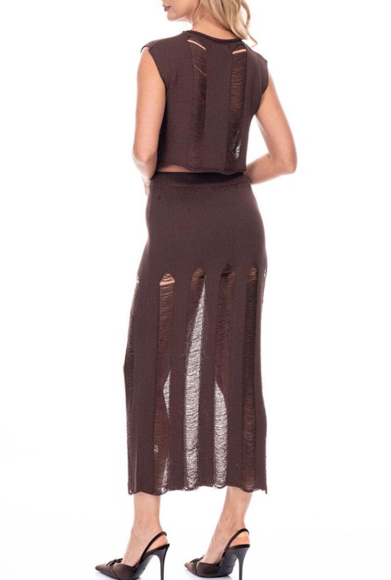 Distressed Sweater Set Maxi Skirt and Crop Top