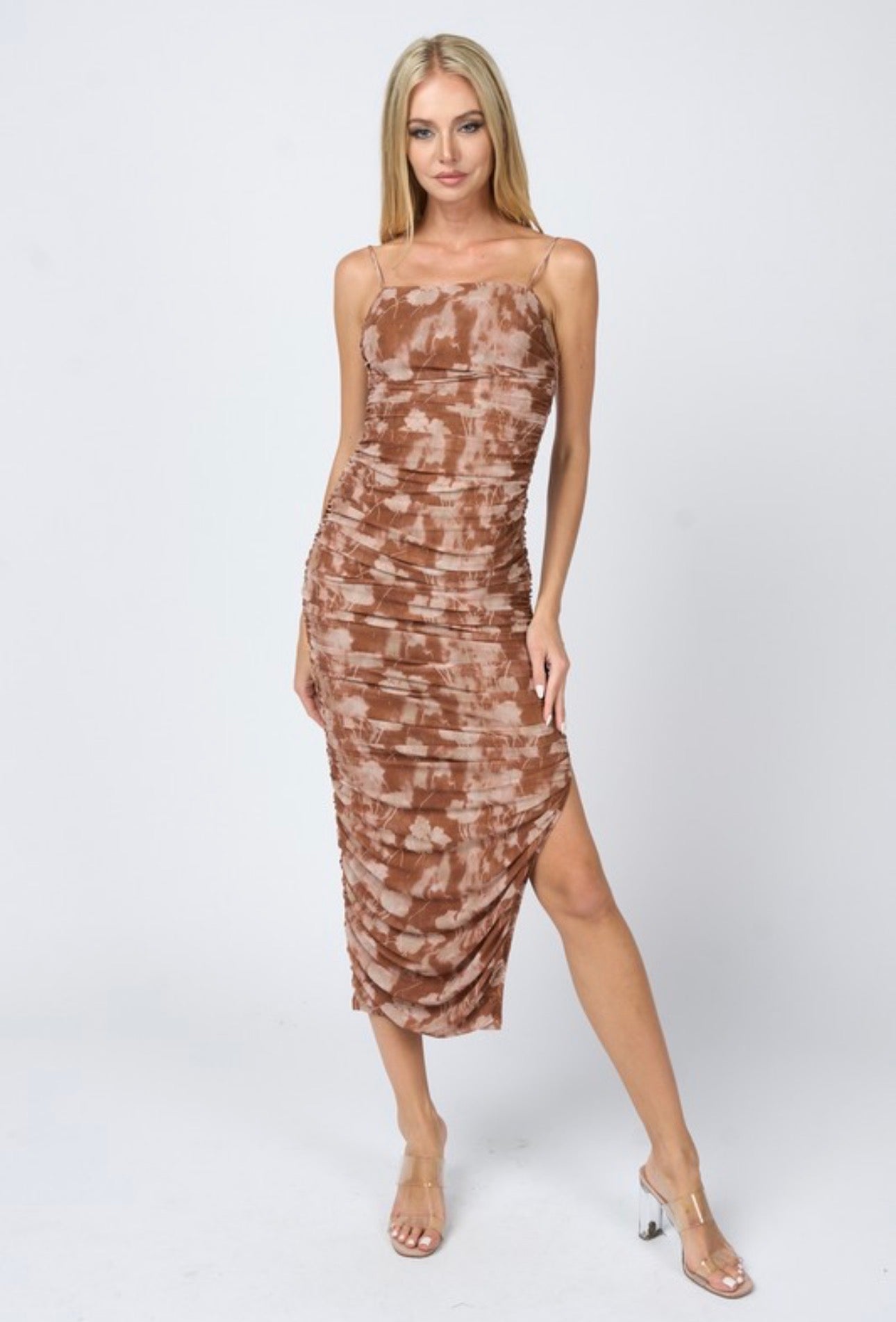 Brown Floral Squared Ruched Midi Dress