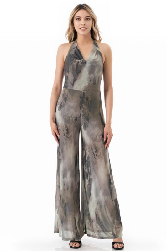 Brushstroke Cowl Halter Mesh Jumpsuit