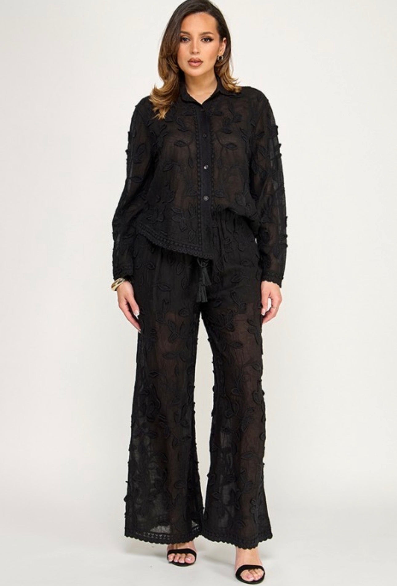 Boho Vine Embroidered Button Up and Pants Set