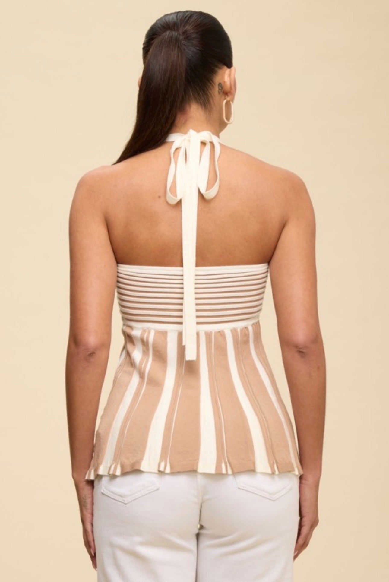 Tan Capri Stripe Pleated Strapless Top
