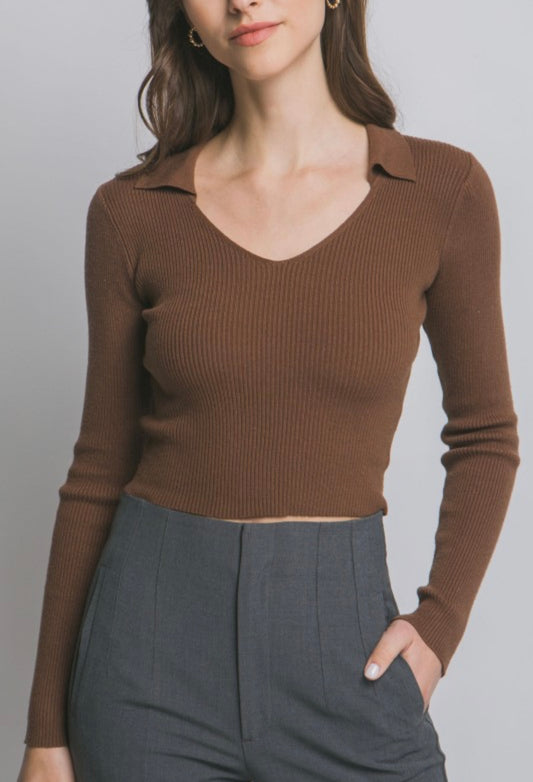 Collared Crop Ribbed Long Sleeve V Neck