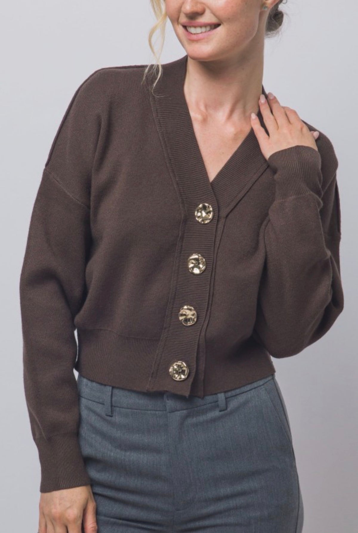 V Neck Cardigan with Gold Abstract Buttons