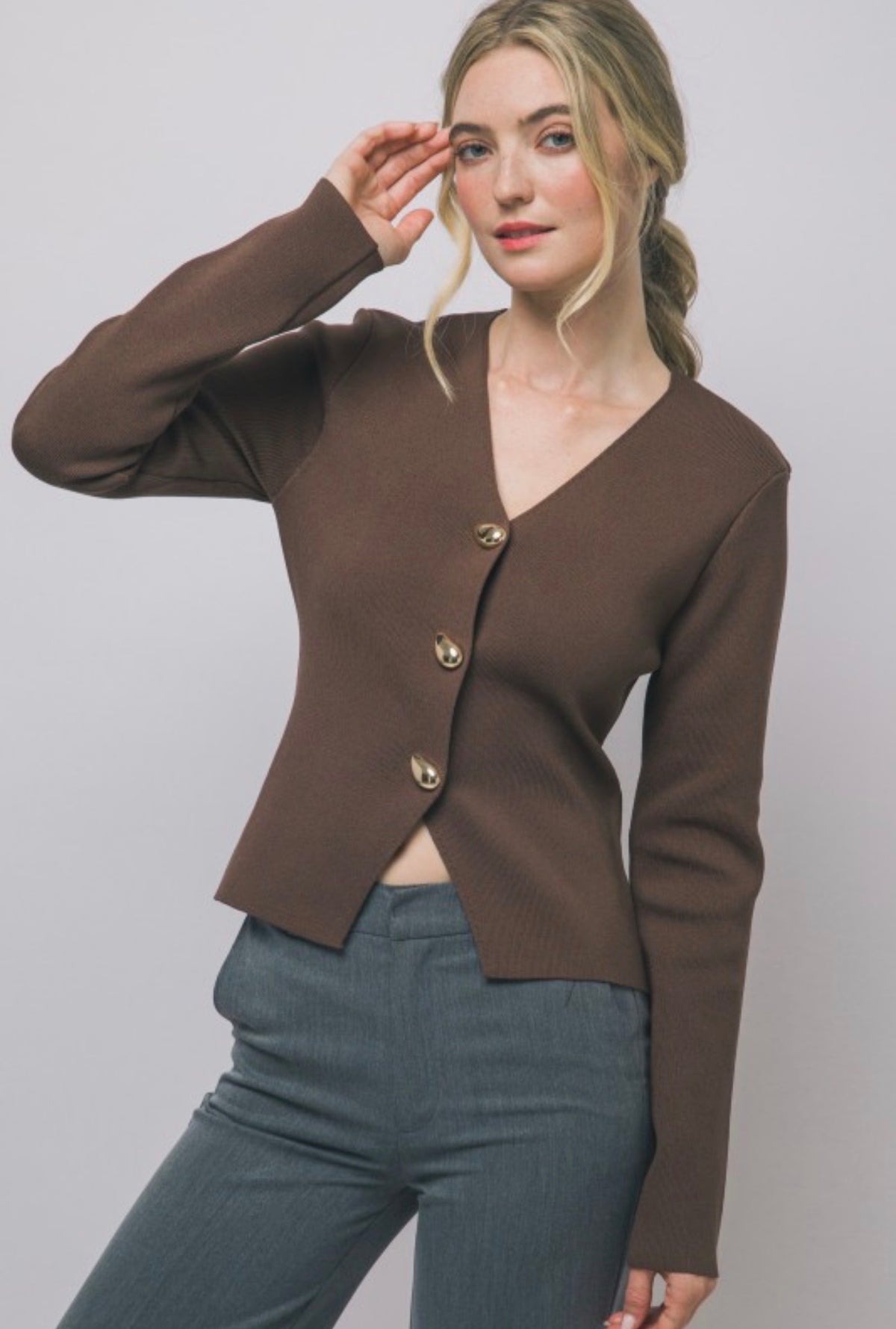 Split Front Ribbed Gold Button Front Cardigan