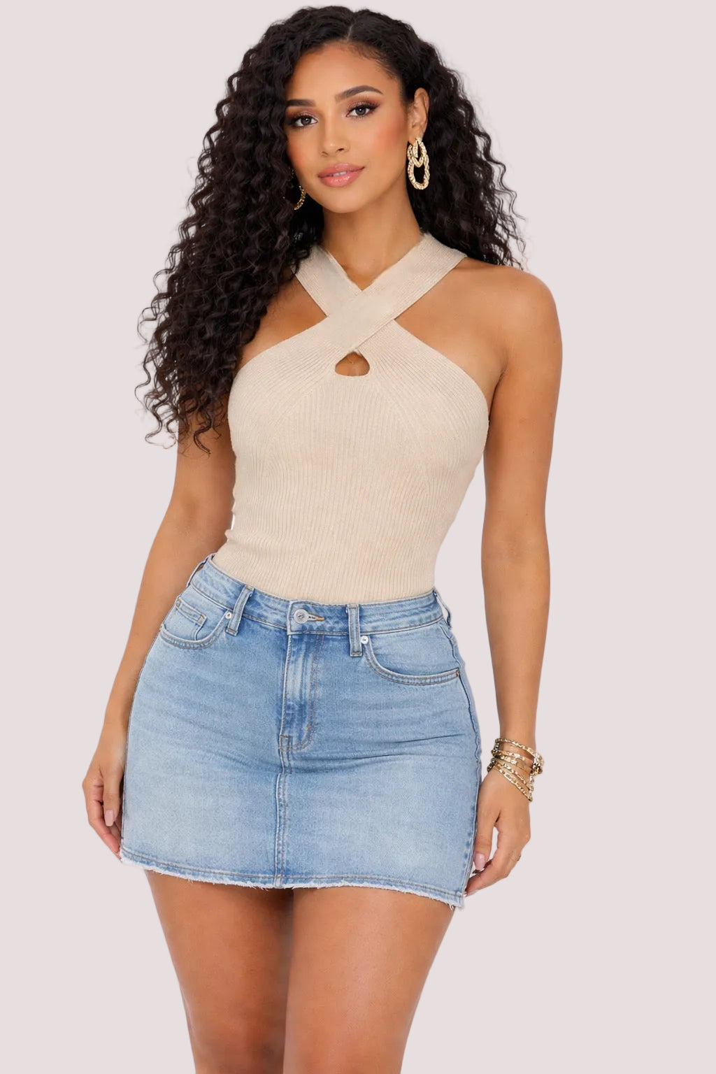 Cream Ribbed Cross Front Halter Top