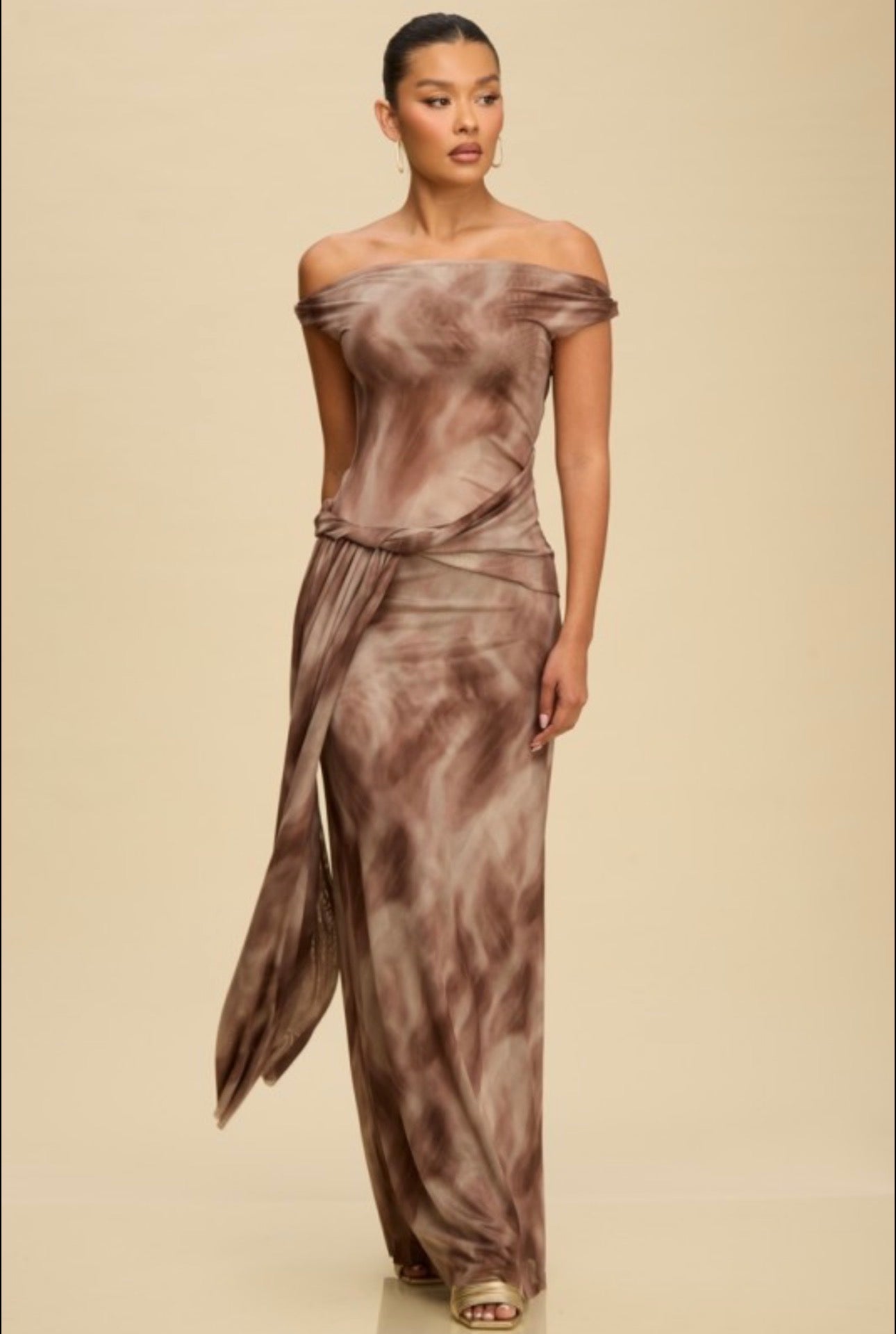 Brown Mesh Drape Asymmetrical Off-the-Shoulder Maxi